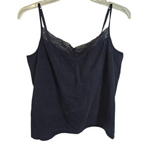 Talbots Womens Lace Trim Tank Top Petite L Black Cotton Stretch Witchy Y2K